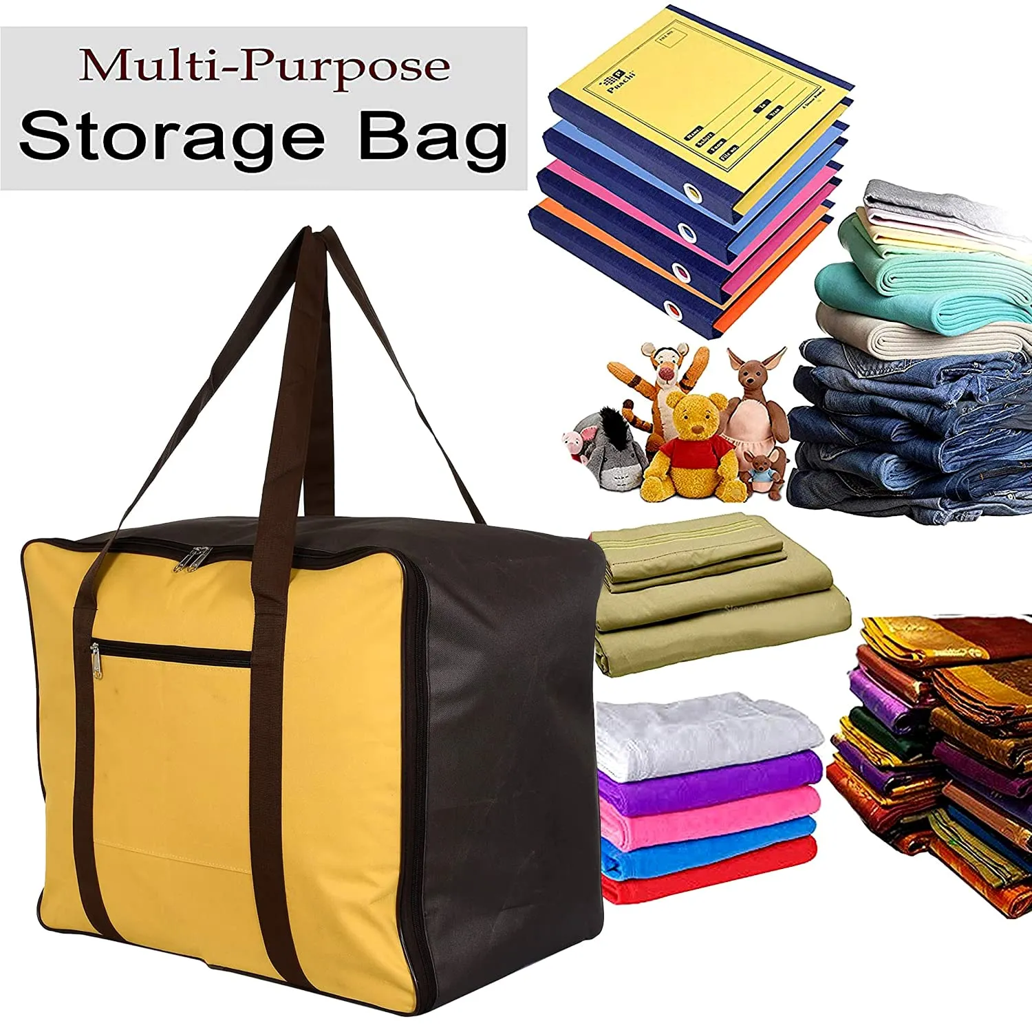 Heart Home Large Moisture Proof Wardrobe Organizer Storage Bag For Clothes With Zipper Closure and Handle- Pack of 2 (Yellow & Brown)-HS43HEARTH26691