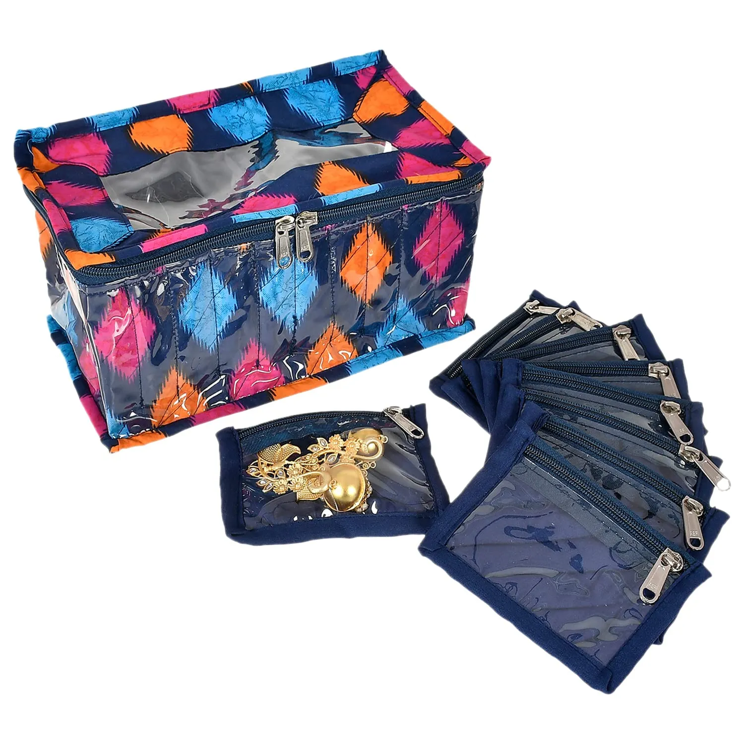 Heart Home Navajo Printed Laminated PVC Jewellery Organiser, Storage Bag for Necklace, Earrings, Rings, Bracelet With 10 Transparent Pouches- Pack of 2 (Blue)-50HH01195