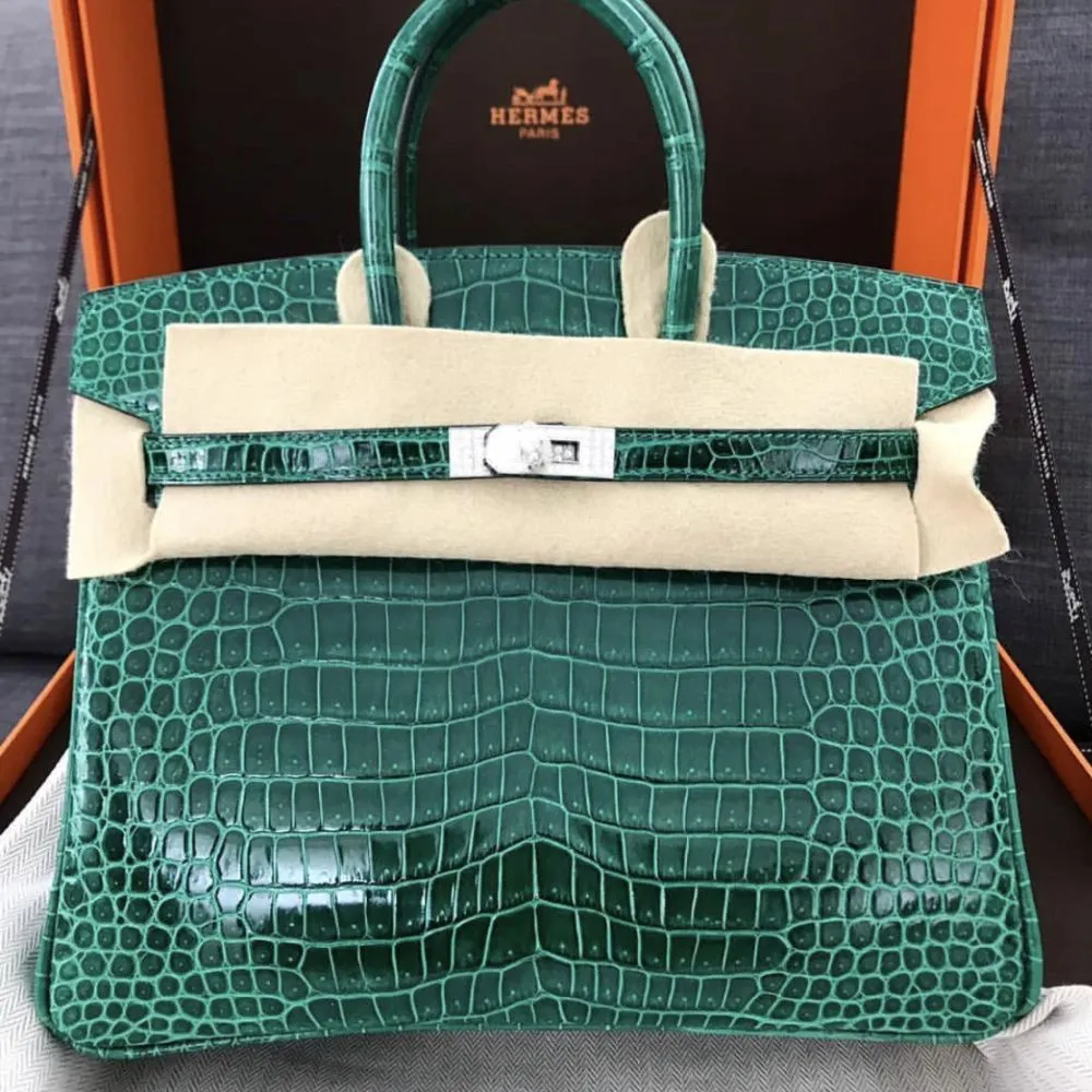 Hermès Birkin 25 Vert Emeraude Diamond buckle Crocodile Porosus Lisse Palladium Hardware PHW