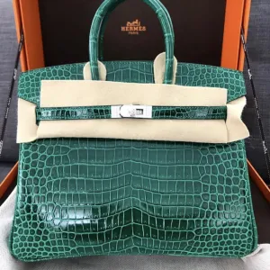 Hermès Birkin 25 Vert Emeraude Diamond buckle Crocodile Porosus Lisse Palladium Hardware PHW