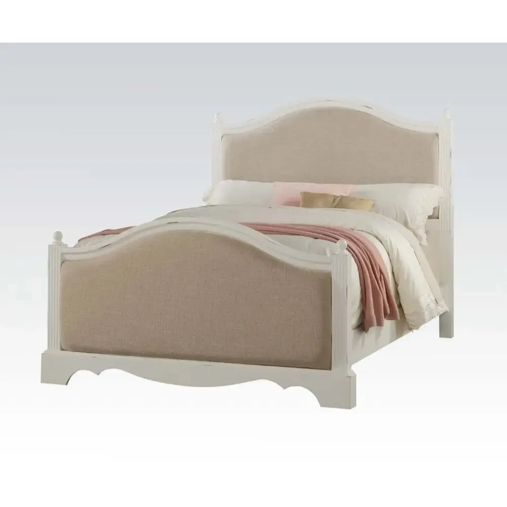 Jaxon Twin Bed w/Padded Headboard, Beige Linen & Antique White