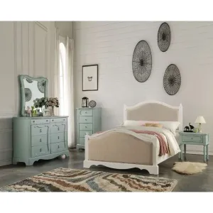 Jaxon Twin Bed w/Padded Headboard, Beige Linen & Antique White