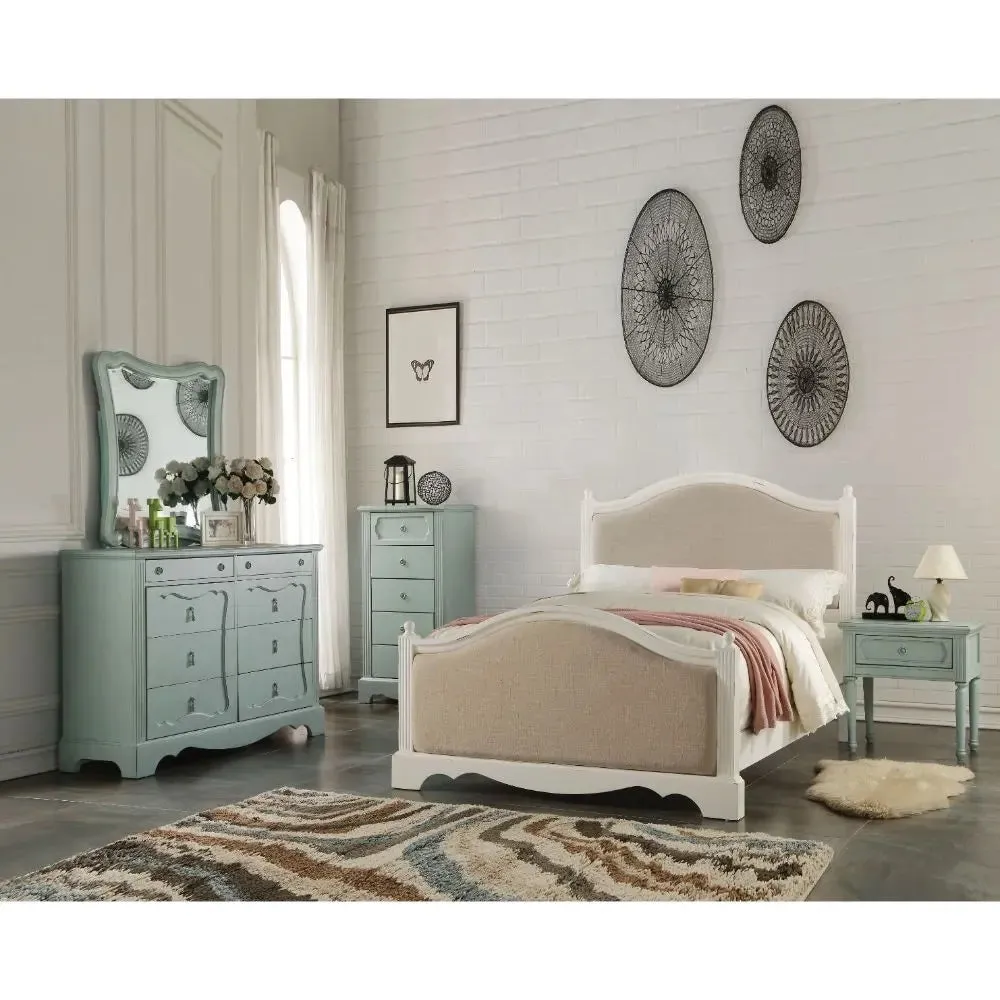 Jaxon Twin Bed w/Padded Headboard, Beige Linen & Antique White