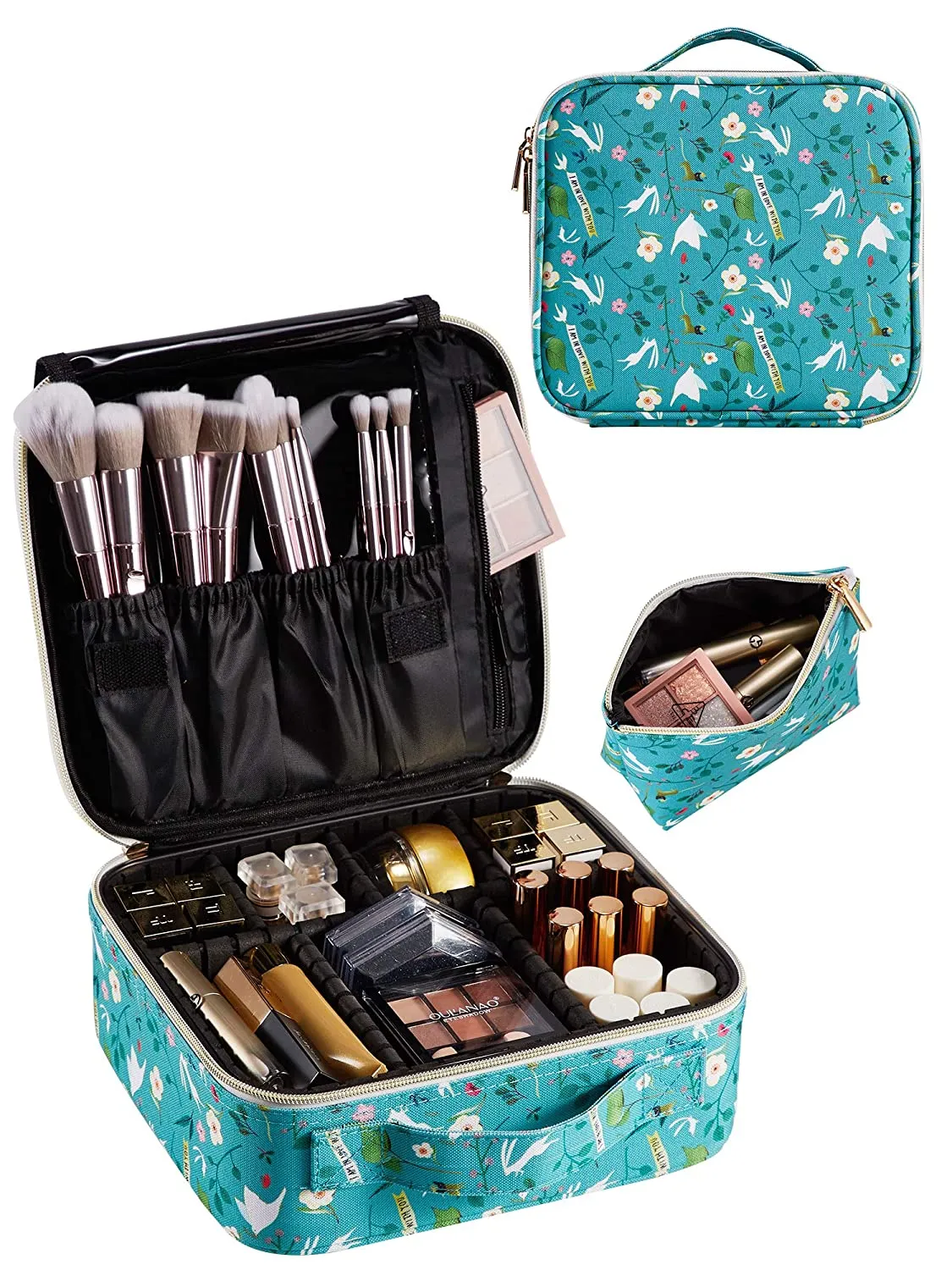 Joligrace Makeup Travel Bag Organizer for Women Cute Cosmetic Storage Train Case Portable Big Large Capacity with Extra Pouch for Make-Up Brush Toiletry Jewelry Green Forrest Print
