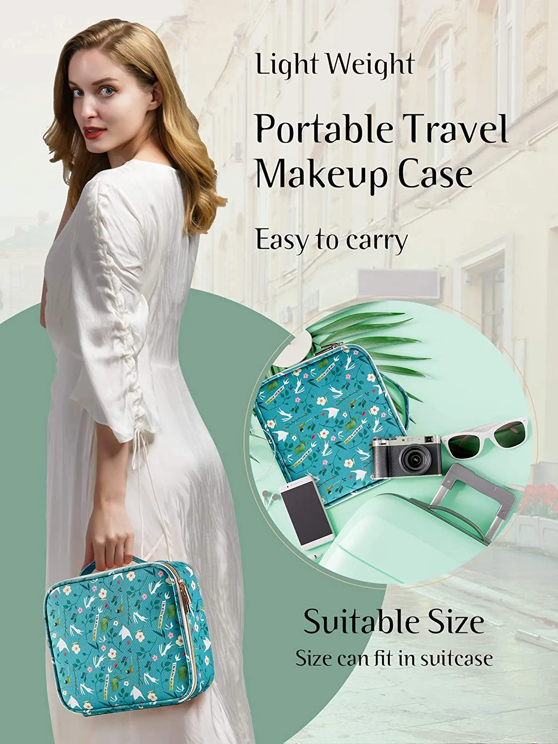 Joligrace Makeup Travel Bag Organizer for Women Cute Cosmetic Storage Train Case Portable Big Large Capacity with Extra Pouch for Make-Up Brush Toiletry Jewelry Green Forrest Print