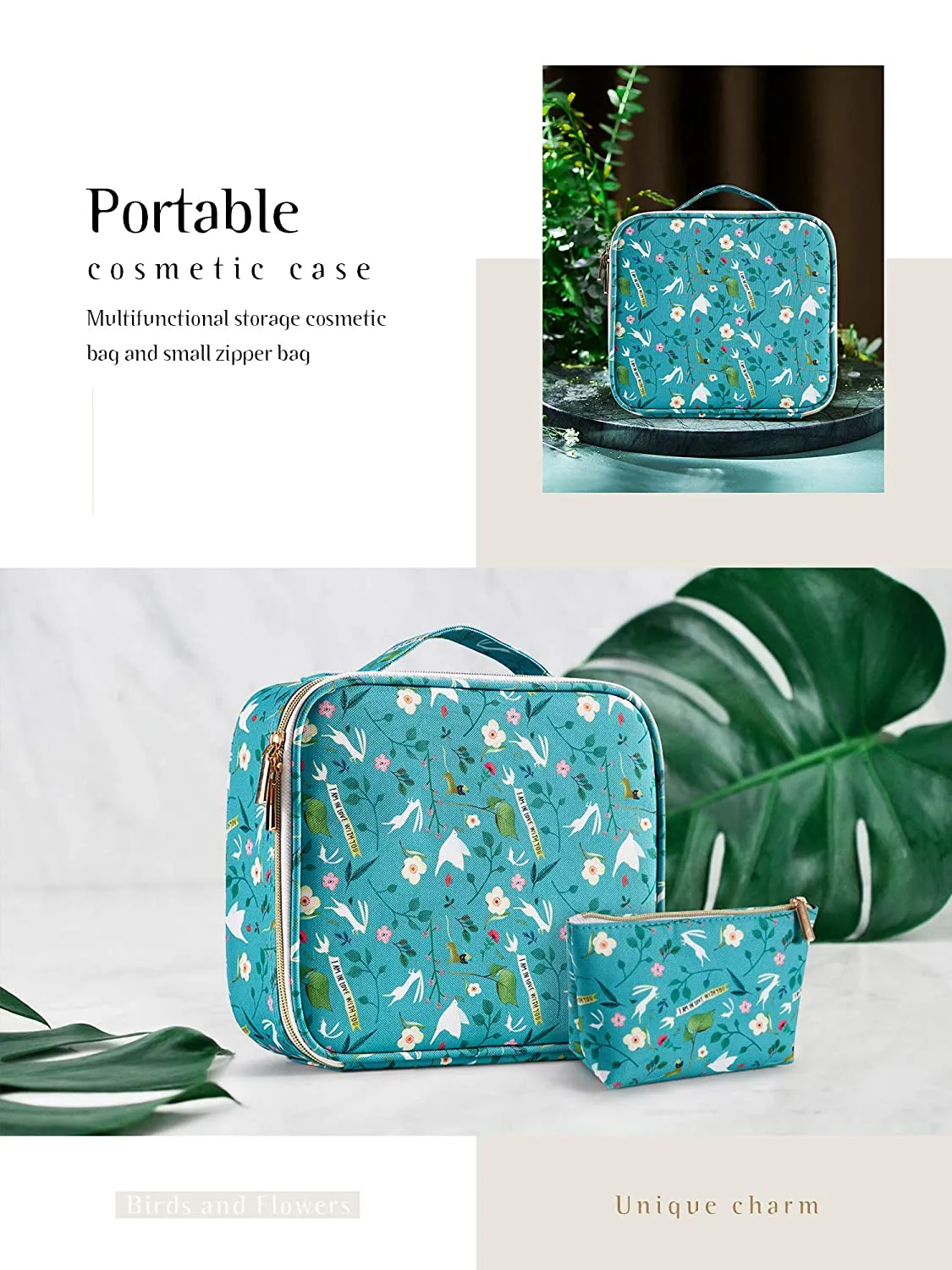 Joligrace Makeup Travel Bag Organizer for Women Cute Cosmetic Storage Train Case Portable Big Large Capacity with Extra Pouch for Make-Up Brush Toiletry Jewelry Green Forrest Print
