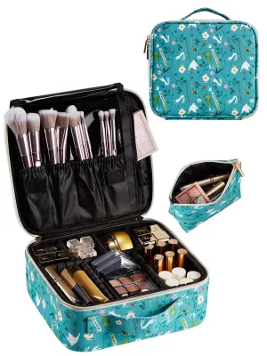 Joligrace Makeup Travel Bag Organizer for Women Cute Cosmetic Storage Train Case Portable Big Large Capacity with Extra Pouch for Make-Up Brush Toiletry Jewelry Green Forrest Print
