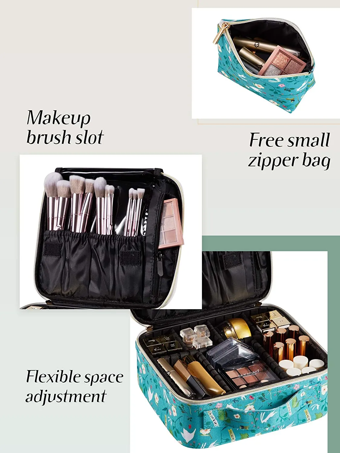 Joligrace Makeup Travel Bag Organizer for Women Cute Cosmetic Storage Train Case Portable Big Large Capacity with Extra Pouch for Make-Up Brush Toiletry Jewelry Green Forrest Print