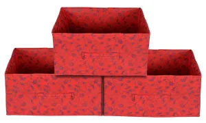 Kuber Industries Metalic Floral Print Non Woven Fabric 3-Drawer Storage and Cloth Organizer Unit for Closet (Red)-KUBMART1184