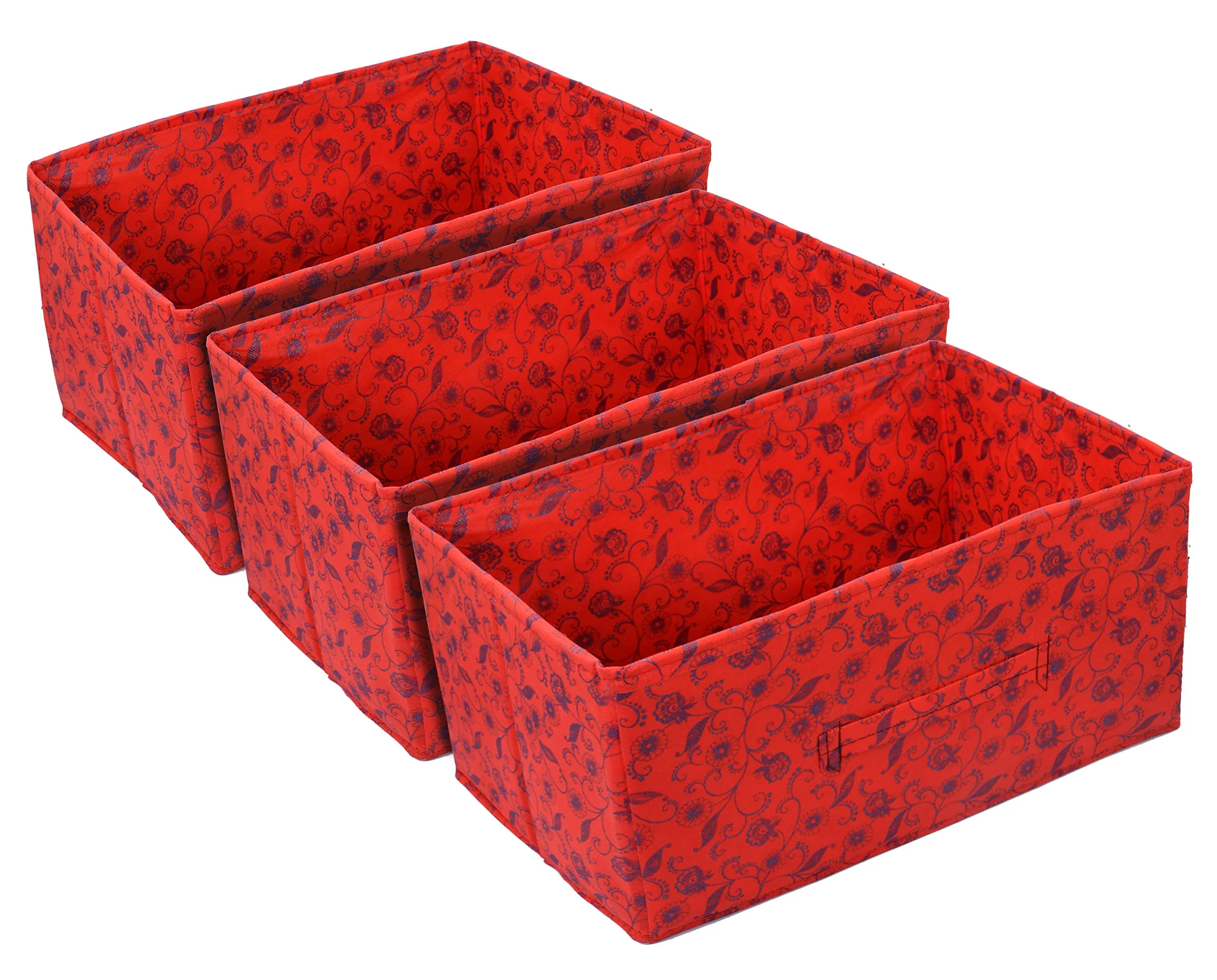Kuber Industries Metalic Floral Print Non Woven Fabric 3-Drawer Storage and Cloth Organizer Unit for Closet (Red)-KUBMART1184