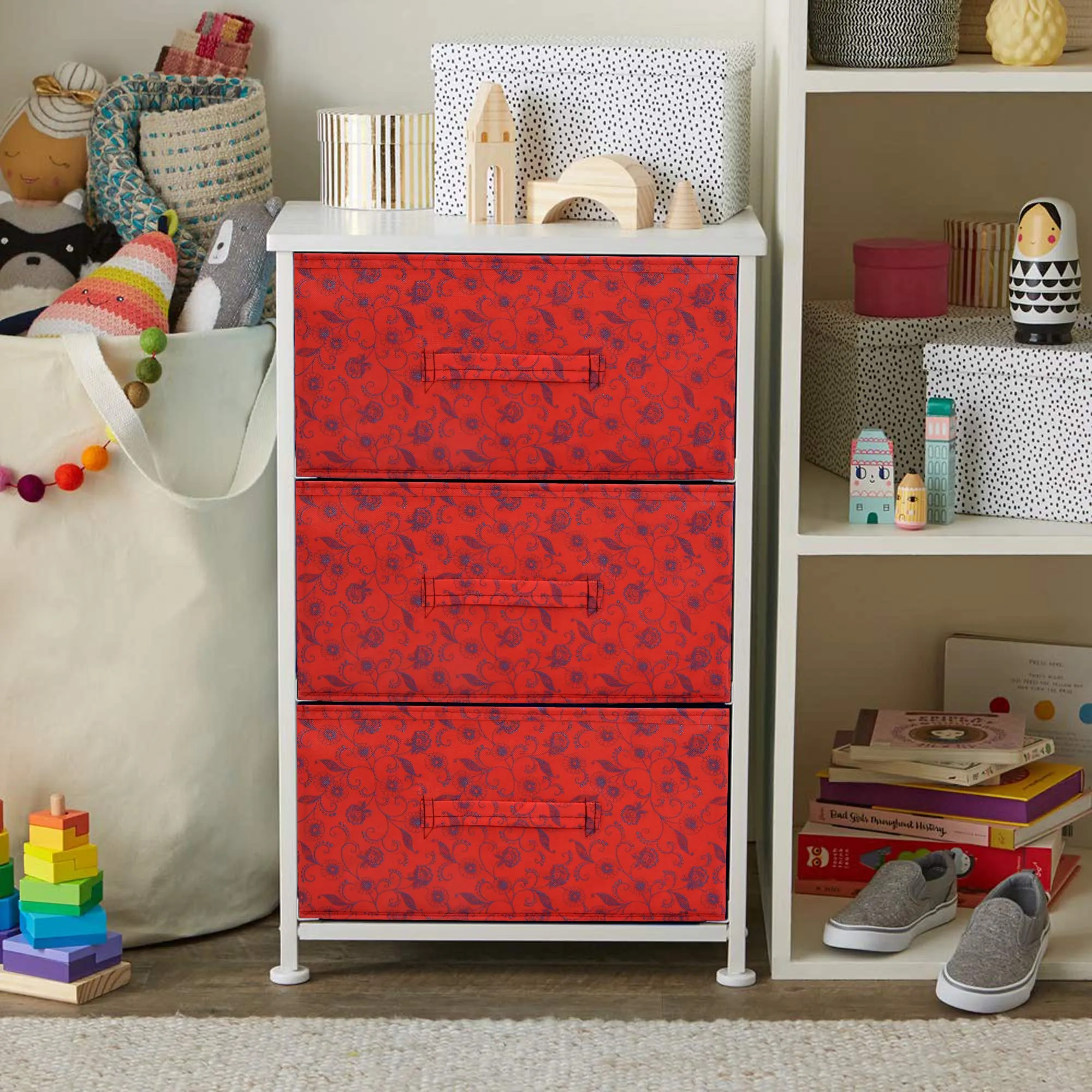Kuber Industries Metalic Floral Print Non Woven Fabric 3-Drawer Storage and Cloth Organizer Unit for Closet (Red)-KUBMART1184