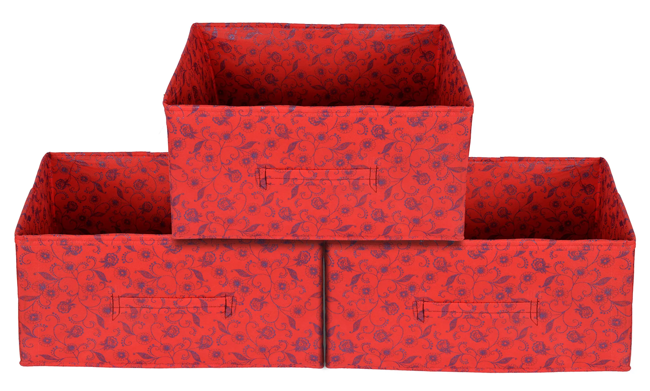 Kuber Industries Metalic Floral Print Non Woven Fabric 3-Drawer Storage and Cloth Organizer Unit for Closet (Red)-KUBMART1184