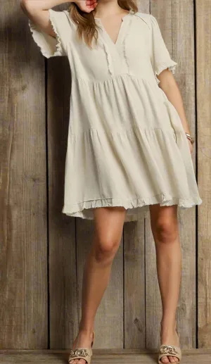 Linen Tiered Fray Details Dress
