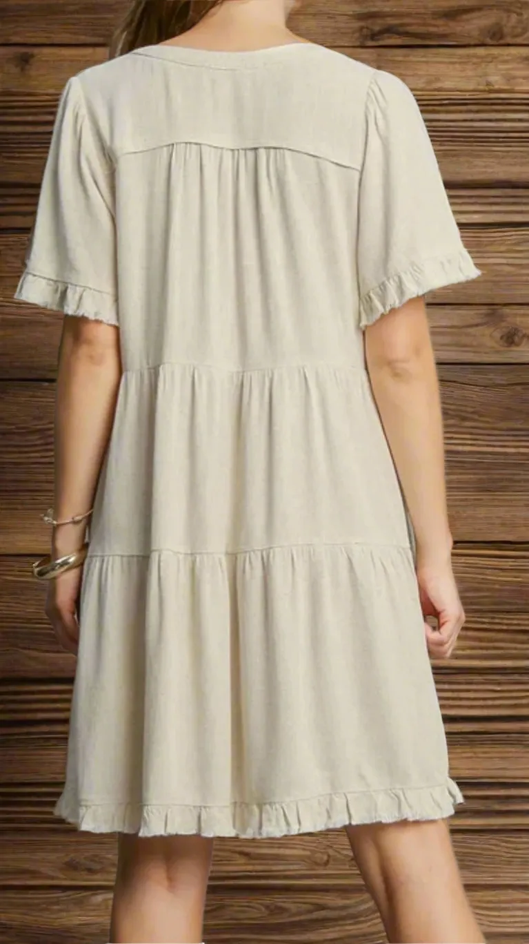 Linen Tiered Fray Details Dress