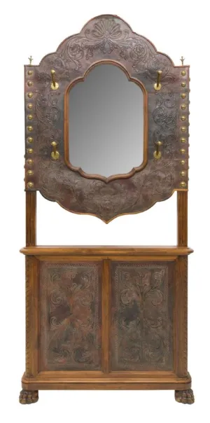 MONUMENTAL FRENCH EMBOSSED LEATHER CARVED HALLTREE, 19th century ( 1800s )