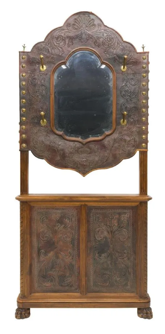 MONUMENTAL FRENCH EMBOSSED LEATHER CARVED HALLTREE, 19th century ( 1800s )