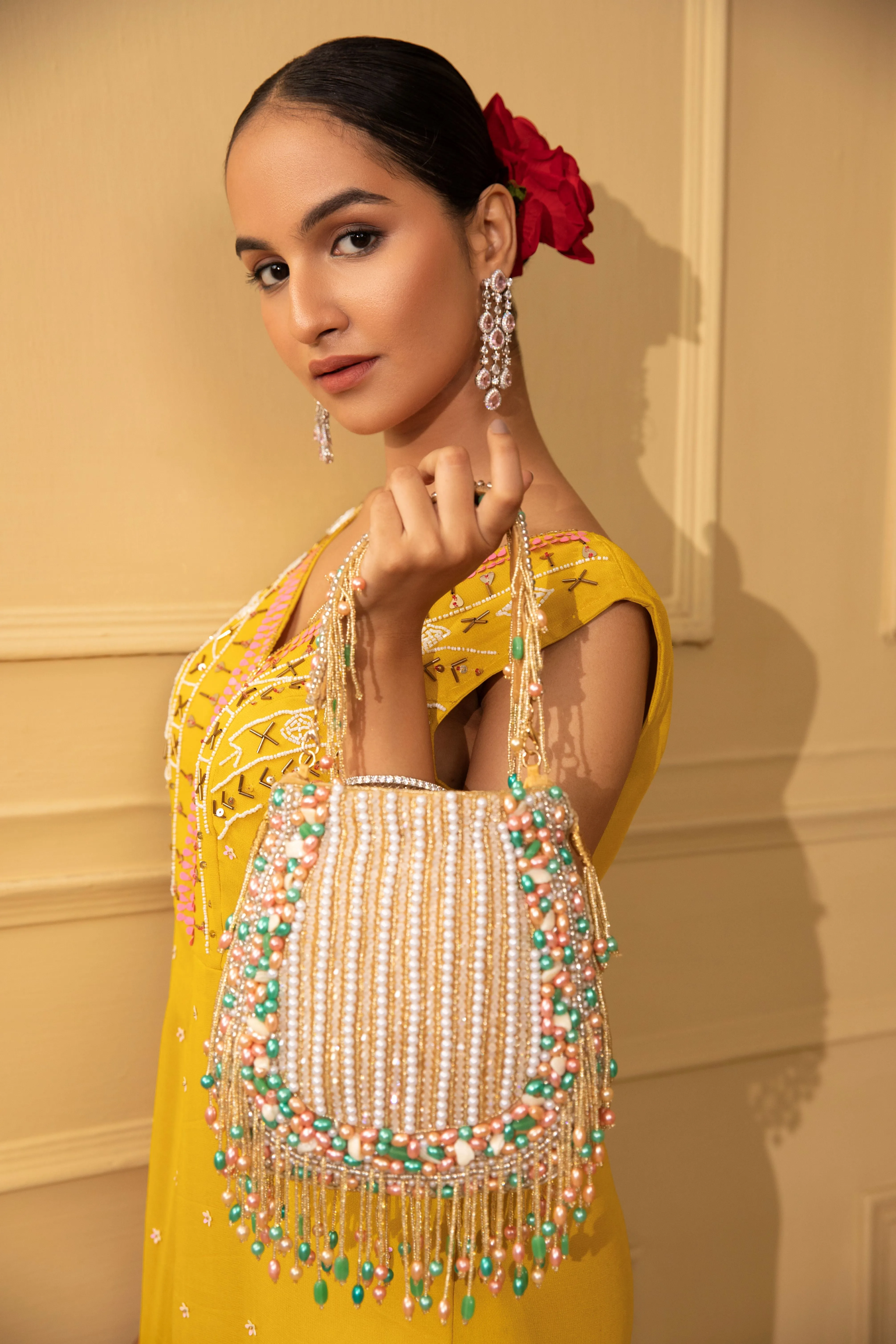 Multicolor Hand Embroidered Velvet Potli with Detachable Strap
