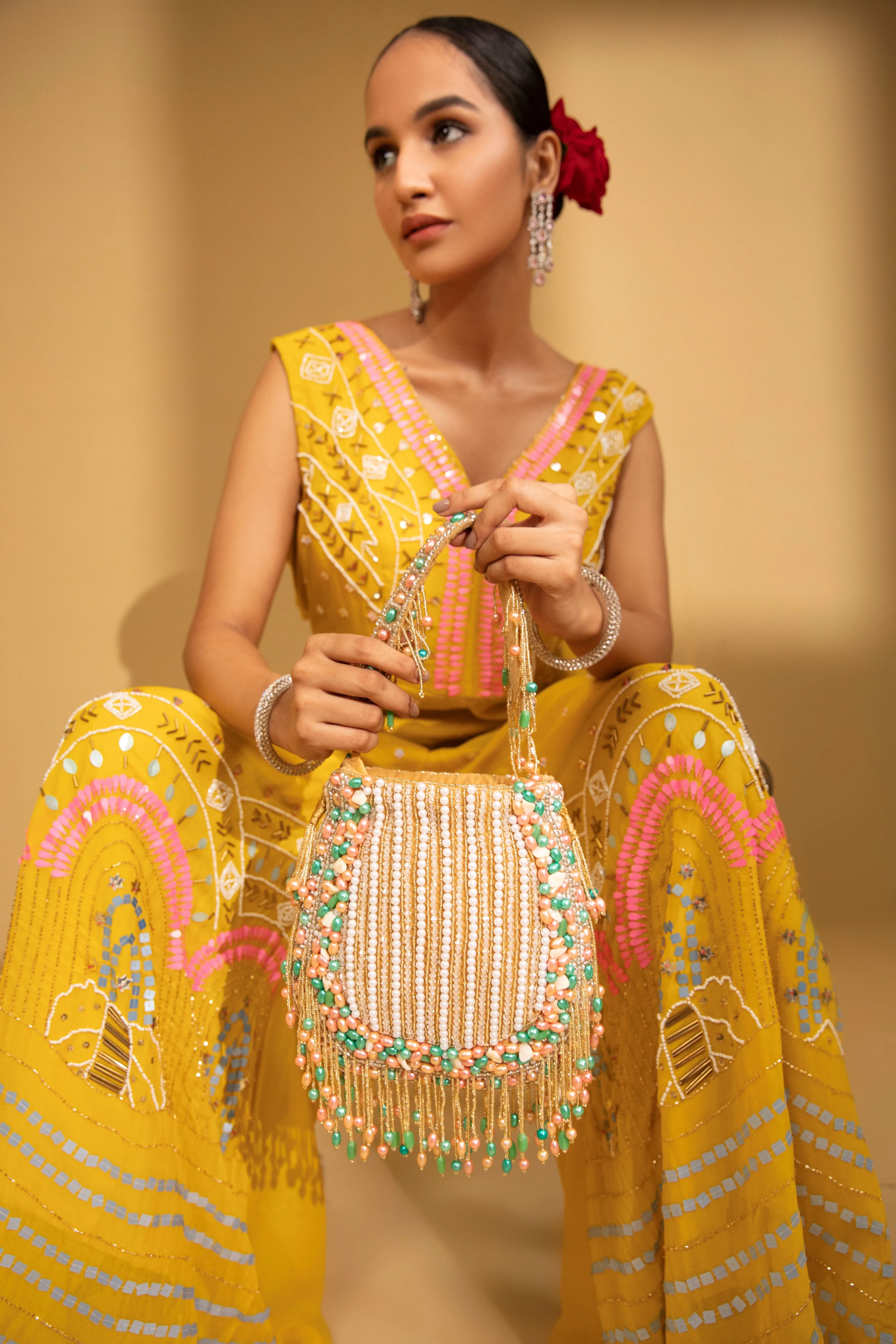 Multicolor Hand Embroidered Velvet Potli with Detachable Strap