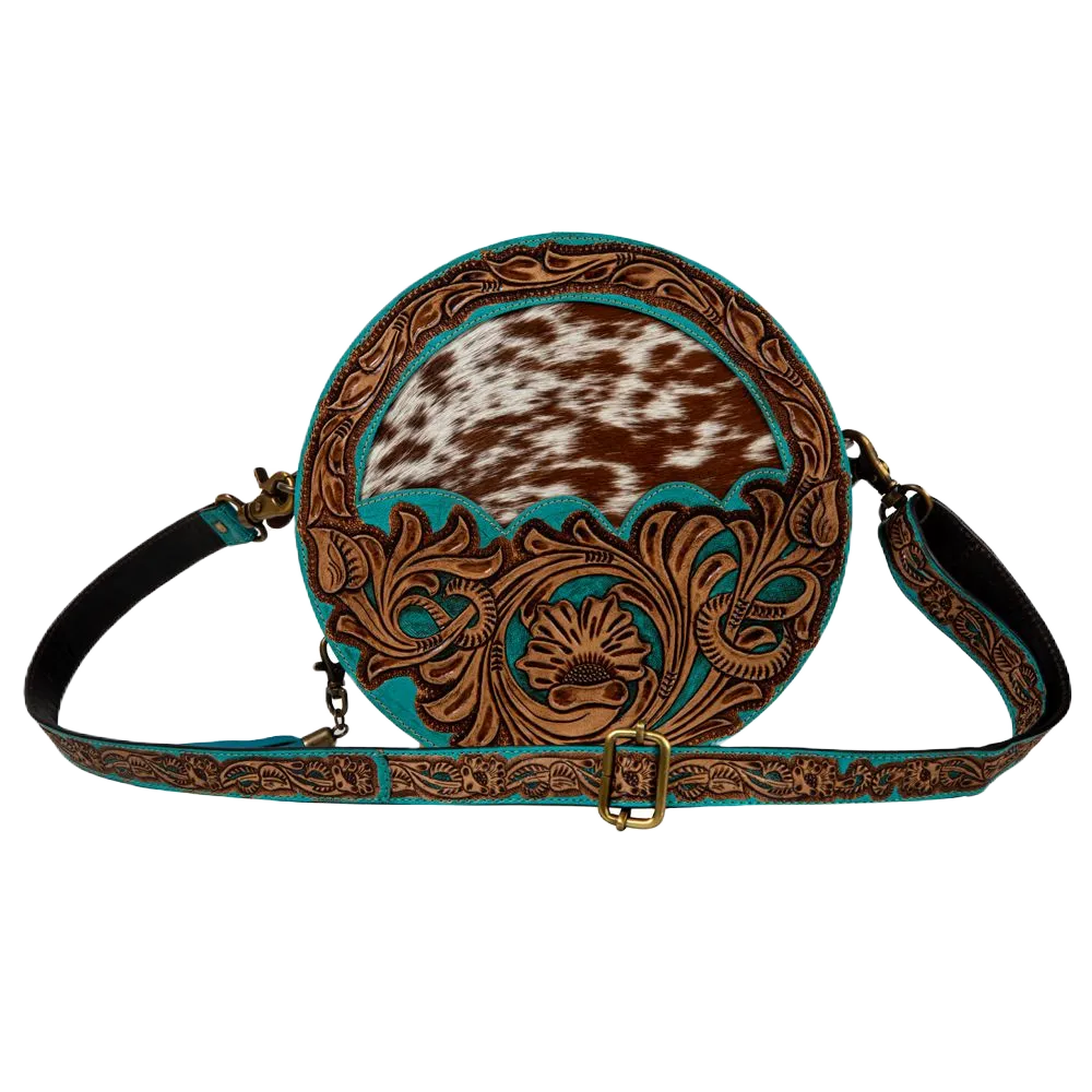 Myra Bag Desert Rain Hand Tooled Brown Leather & Blue Round Bag S-8097