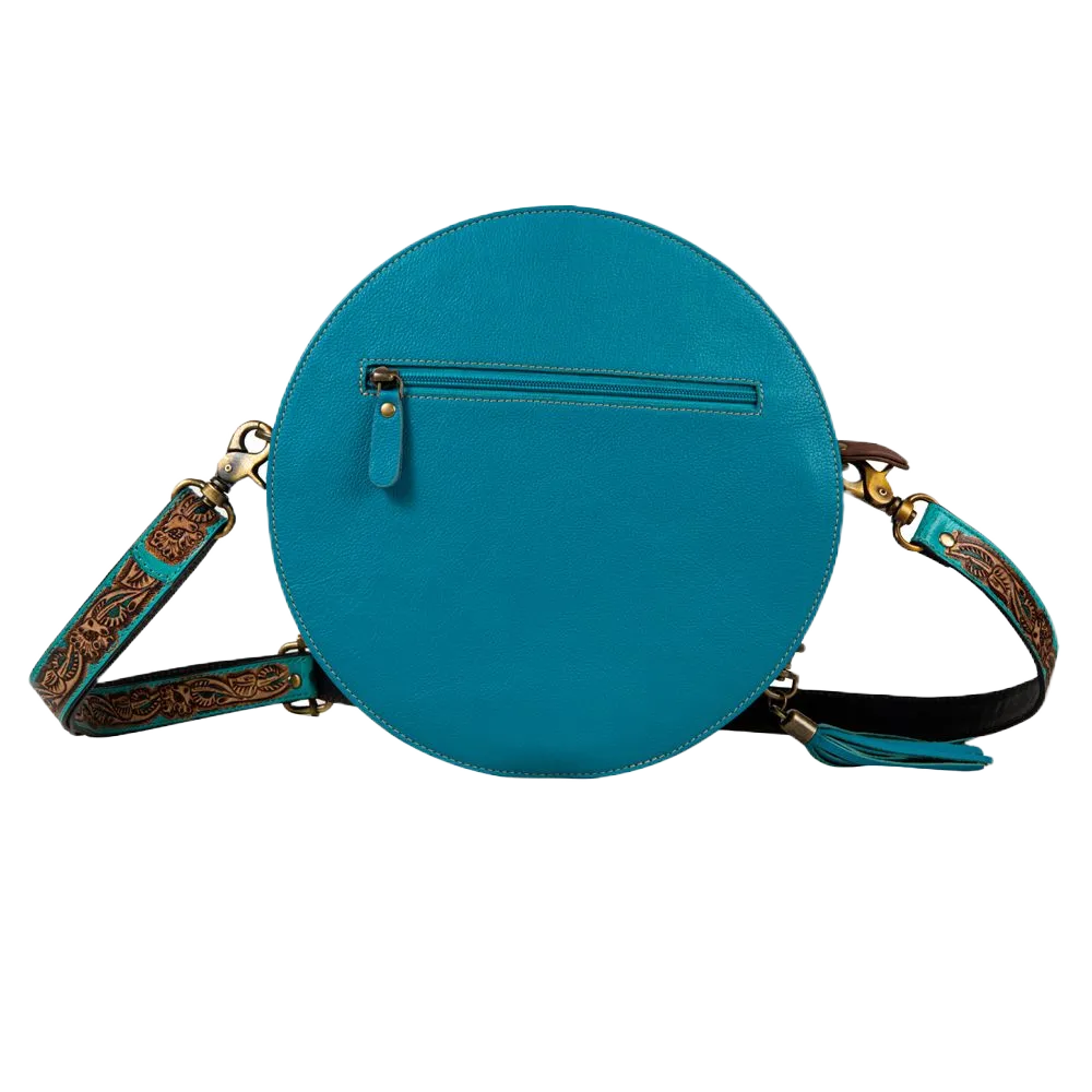 Myra Bag Desert Rain Hand Tooled Brown Leather & Blue Round Bag S-8097