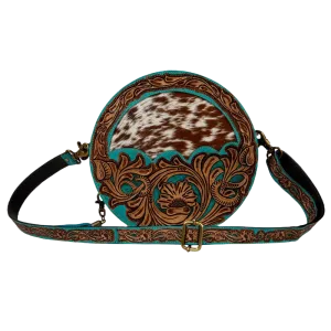 Myra Bag Desert Rain Hand Tooled Brown Leather & Blue Round Bag S-8097