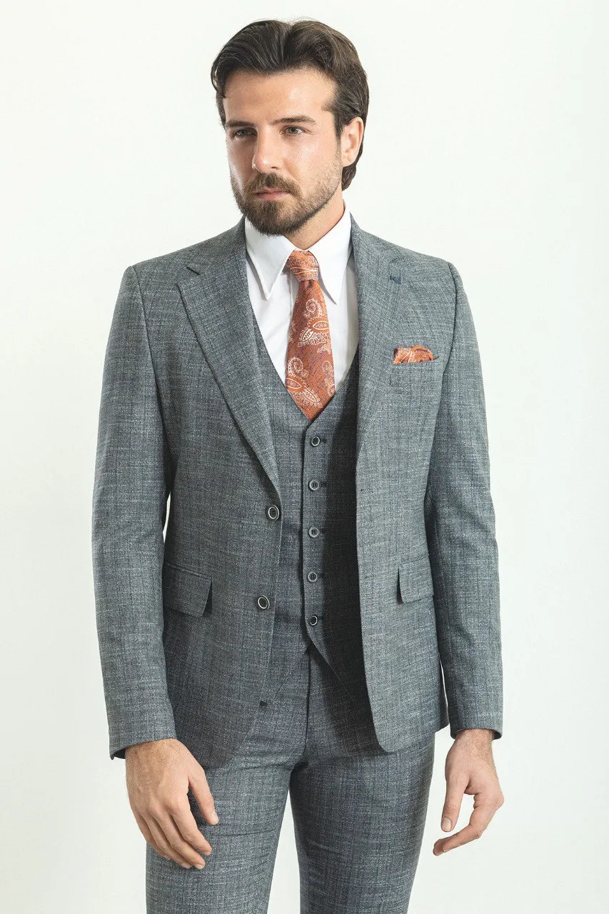 Navy Blue Slim Fit Notch Lapel 3 Piece Crosshatch Suit | GentWith