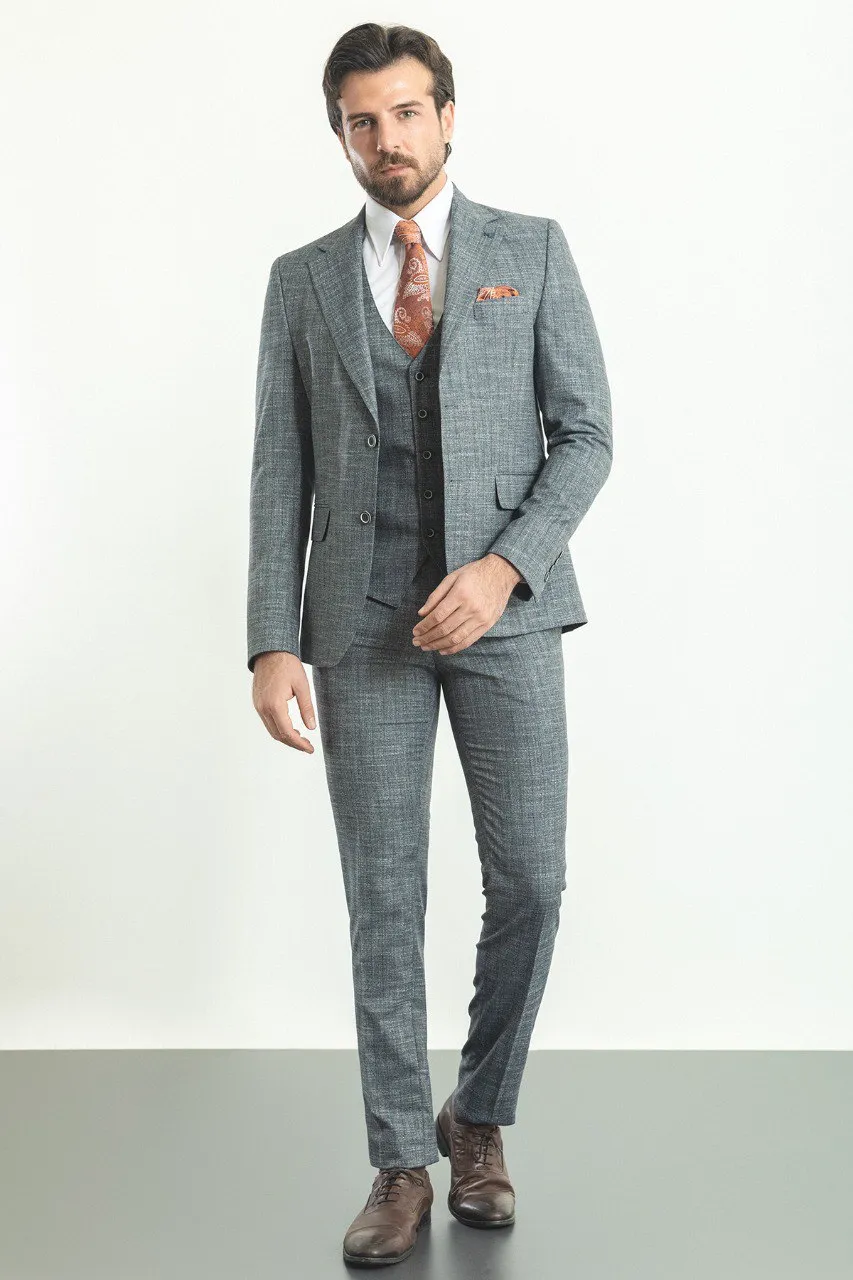 Navy Blue Slim Fit Notch Lapel 3 Piece Crosshatch Suit | GentWith
