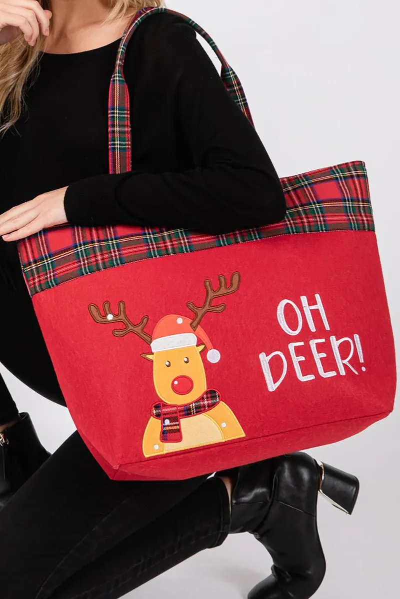 Oh Deer Red Plaid Christmas Tote Bag