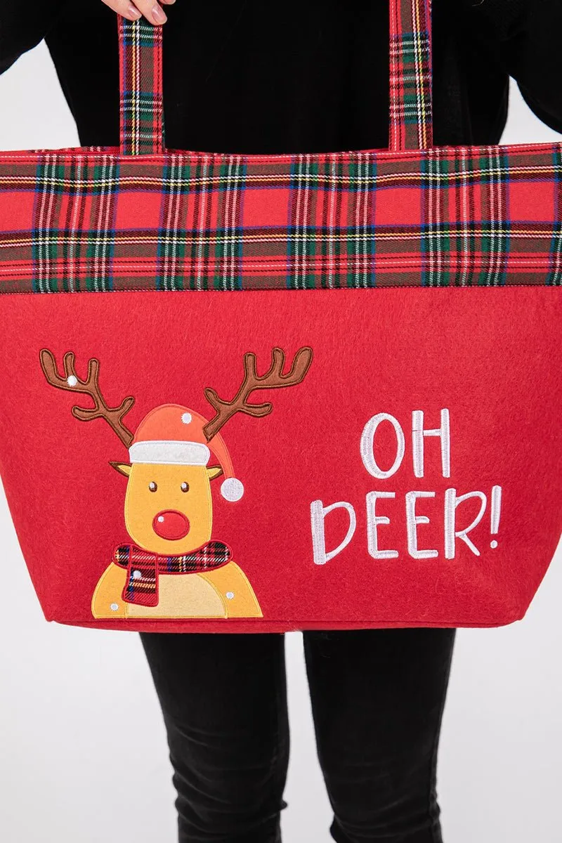 Oh Deer Red Plaid Christmas Tote Bag