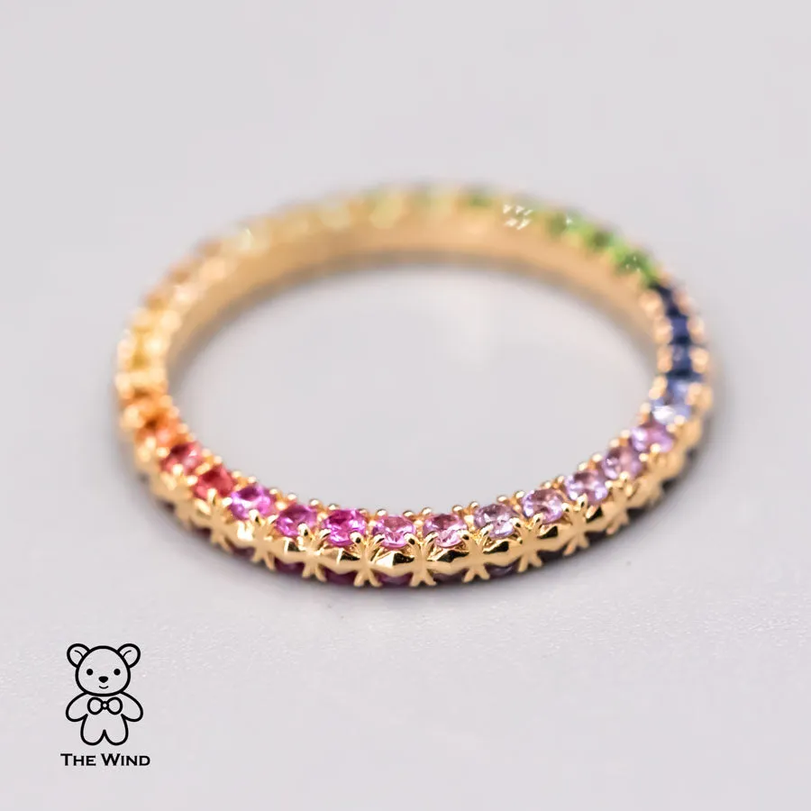 One of Kind Rainbow Colored Sapphire Ring Wedding Band 18K Yellow Gold