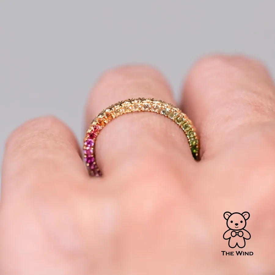 One of Kind Rainbow Colored Sapphire Ring Wedding Band 18K Yellow Gold