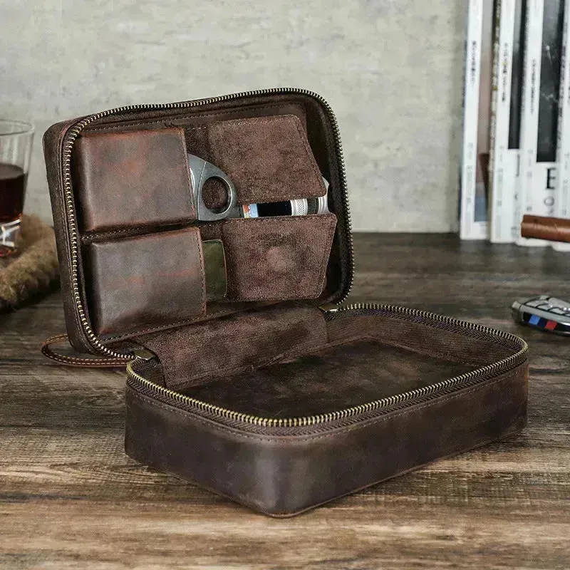 Portable Horse Leather Double Zipper Storage Cigar Travel Humidor Bag