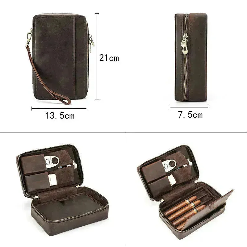 Portable Horse Leather Double Zipper Storage Cigar Travel Humidor Bag