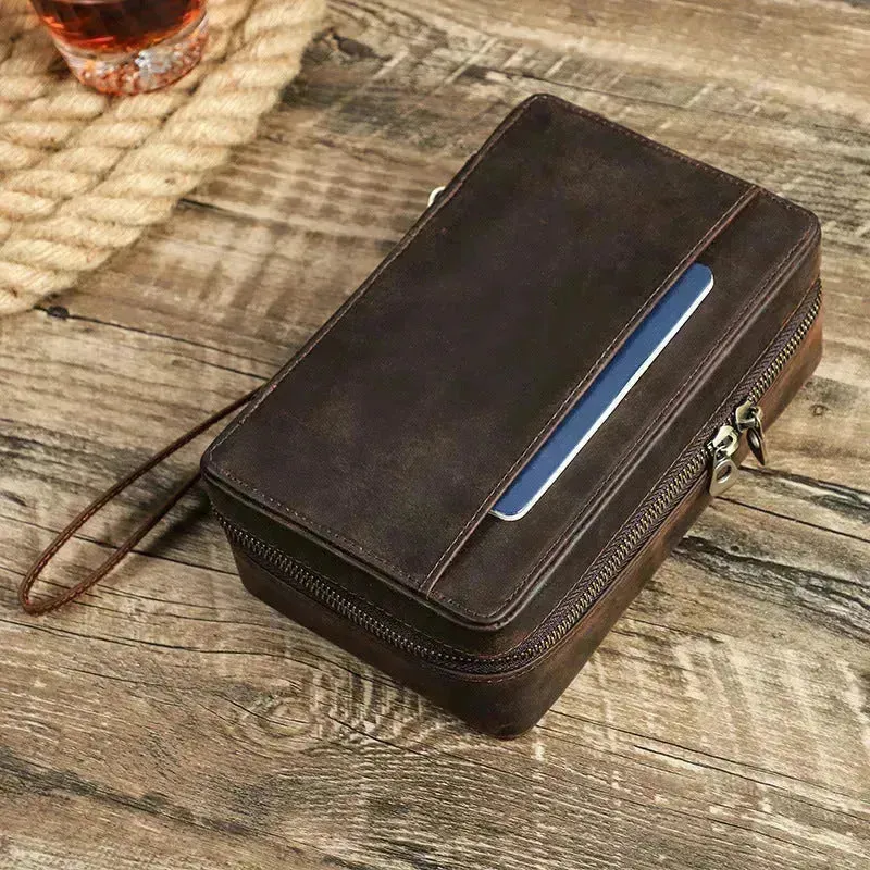Portable Horse Leather Double Zipper Storage Cigar Travel Humidor Bag