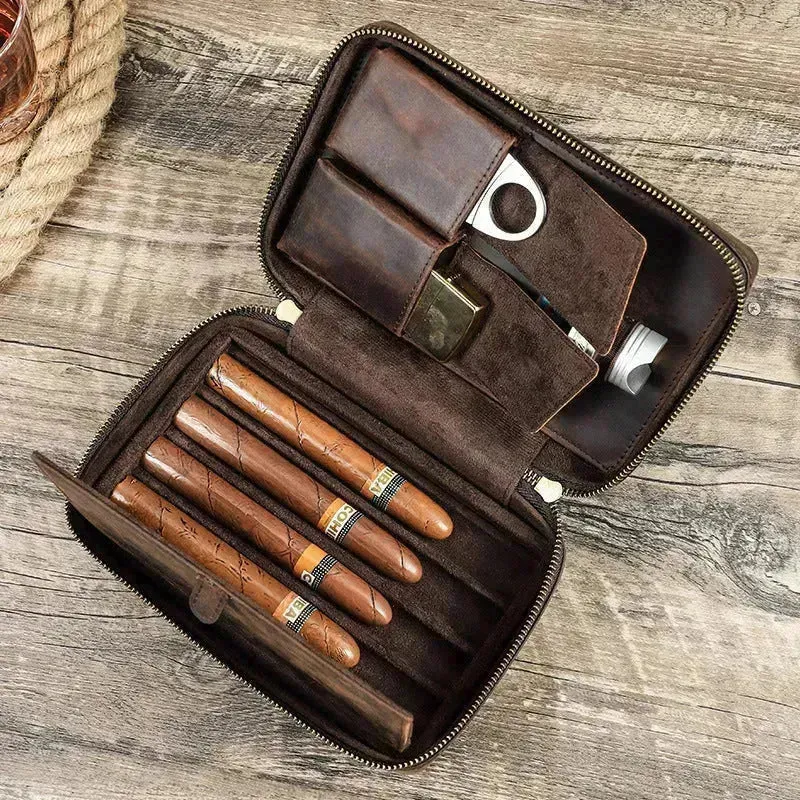Portable Horse Leather Double Zipper Storage Cigar Travel Humidor Bag