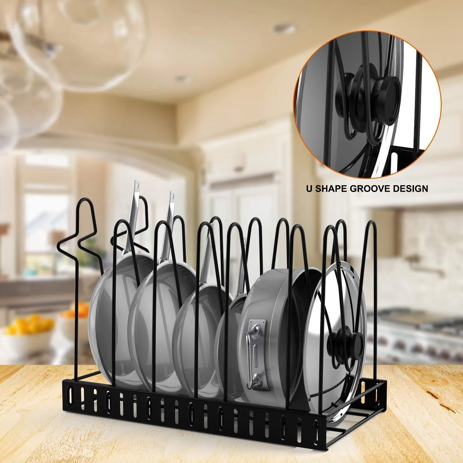 Pot Rack Organizer-Adjustable 8  Pots and Pans Oragnizer, Kitchen Counter and Cabinet Pot Lid Holder with 3 DIY Methods (6 Hooks Included)