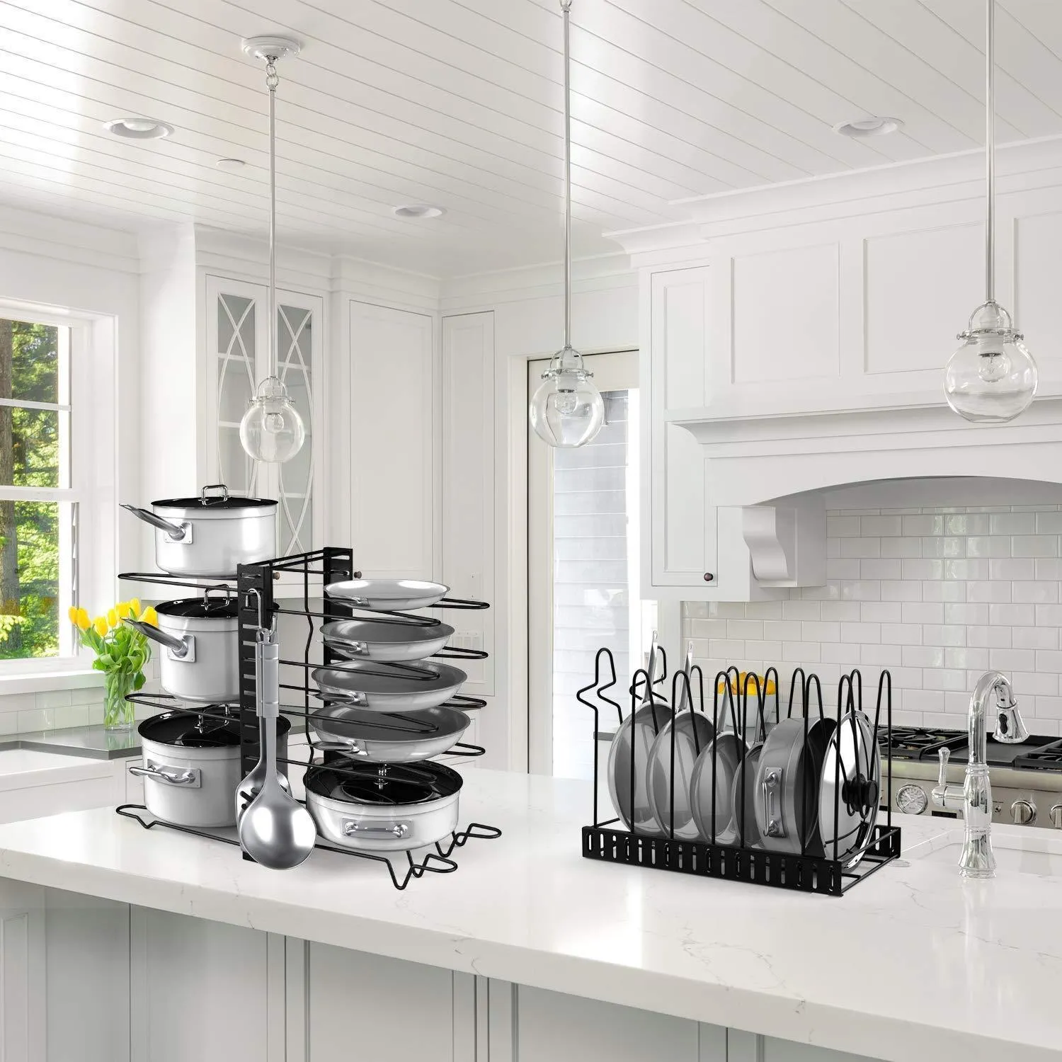 Pot Rack Organizer-Adjustable 8  Pots and Pans Oragnizer, Kitchen Counter and Cabinet Pot Lid Holder with 3 DIY Methods (6 Hooks Included)