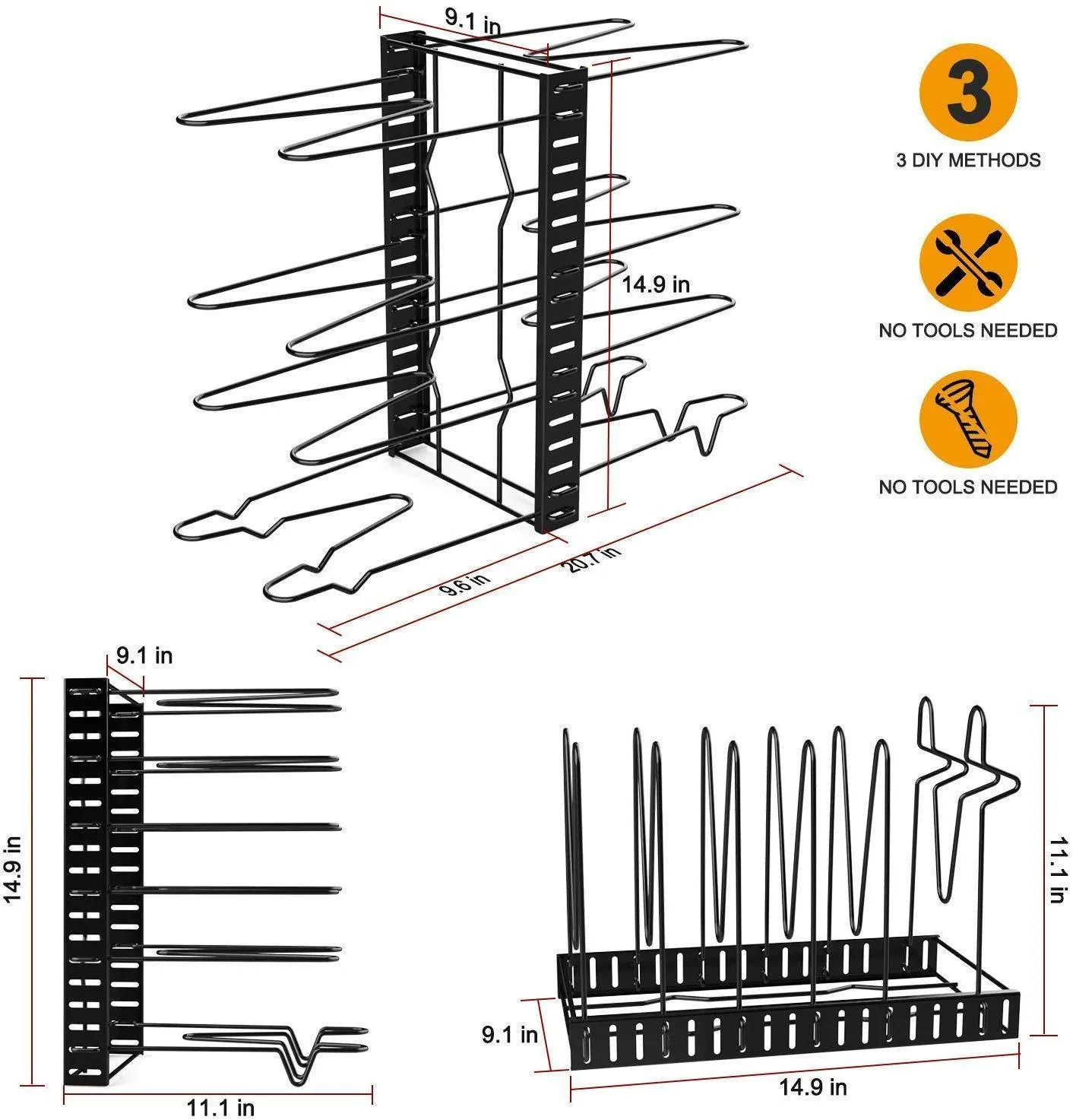 Pot Rack Organizer-Adjustable 8  Pots and Pans Oragnizer, Kitchen Counter and Cabinet Pot Lid Holder with 3 DIY Methods (6 Hooks Included)