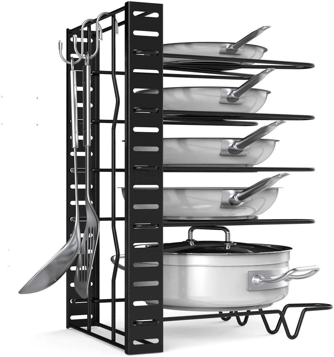 Pot Rack Organizer-Adjustable 8  Pots and Pans Oragnizer, Kitchen Counter and Cabinet Pot Lid Holder with 3 DIY Methods (6 Hooks Included)
