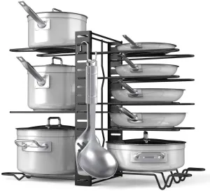 Pot Rack Organizer-Adjustable 8  Pots and Pans Oragnizer, Kitchen Counter and Cabinet Pot Lid Holder with 3 DIY Methods (6 Hooks Included)