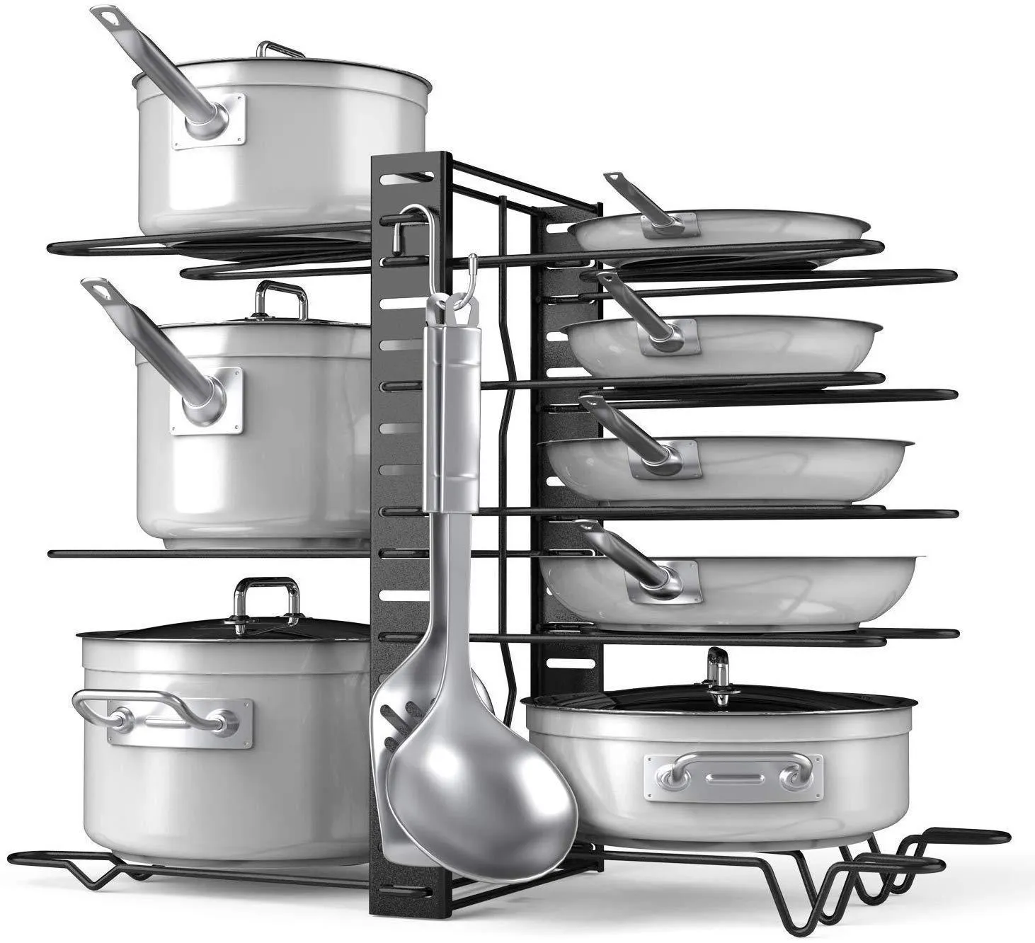 Pot Rack Organizer-Adjustable 8  Pots and Pans Oragnizer, Kitchen Counter and Cabinet Pot Lid Holder with 3 DIY Methods (6 Hooks Included)