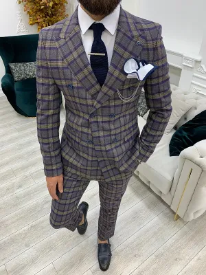 Purple Slim Fit Double Breasted Plaid Suit by GentWith.com