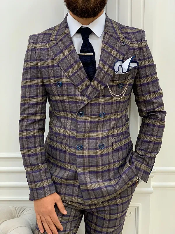Purple Slim Fit Double Breasted Plaid Suit by GentWith.com