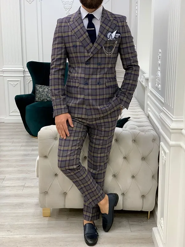 Purple Slim Fit Double Breasted Plaid Suit by GentWith.com
