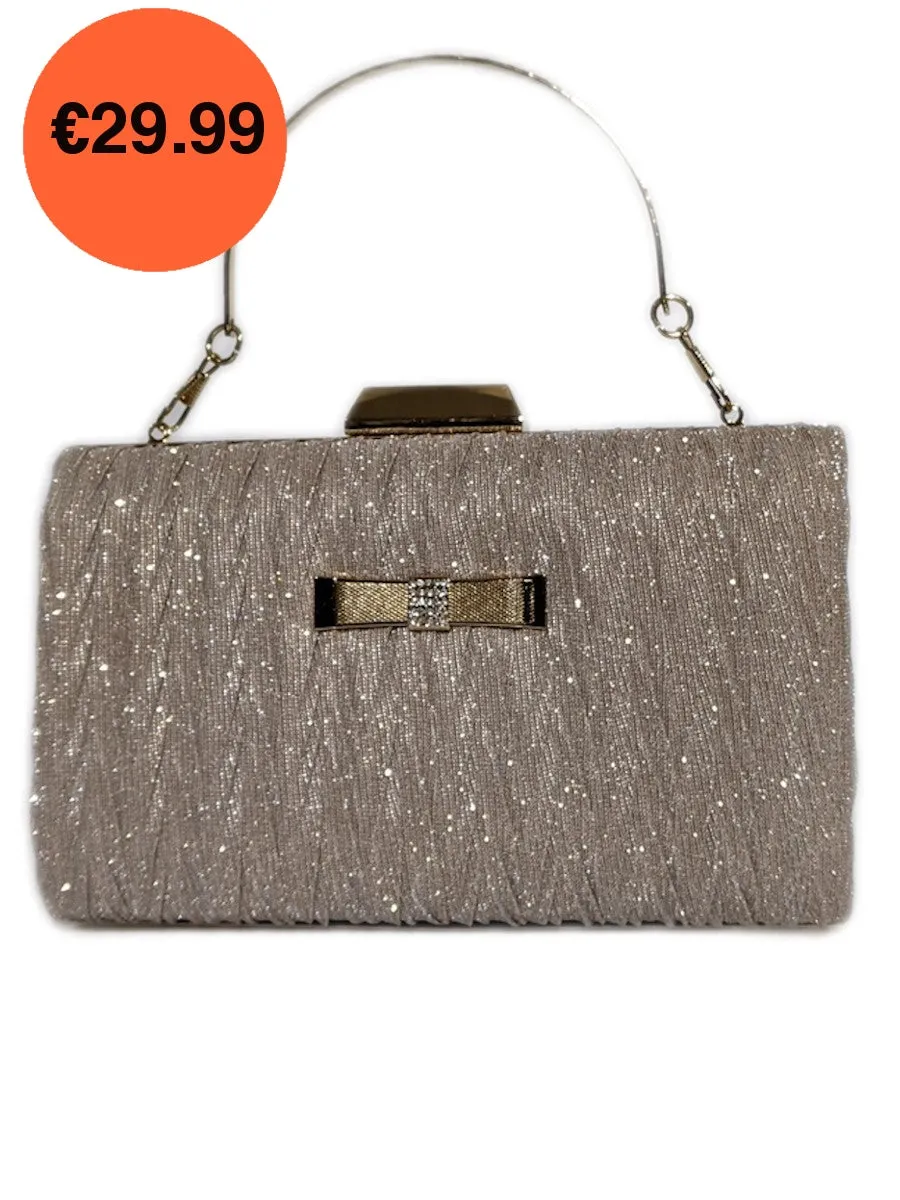 Rose Gold Pleated Glitter Clutch Bag with Handle