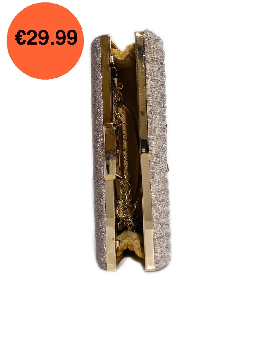 Rose Gold Pleated Glitter Clutch Bag with Handle