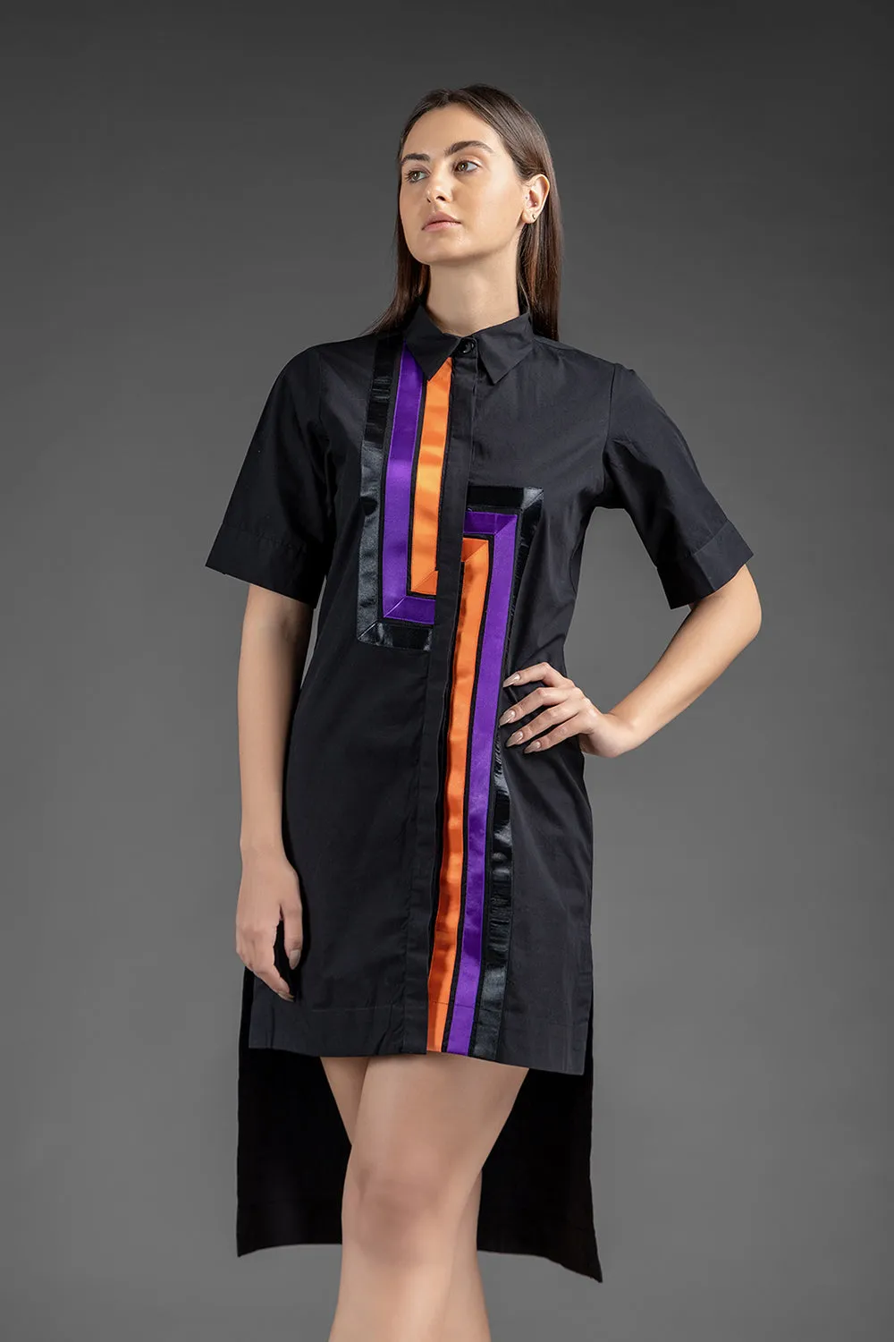 Satin Details Shirt Dress - Black