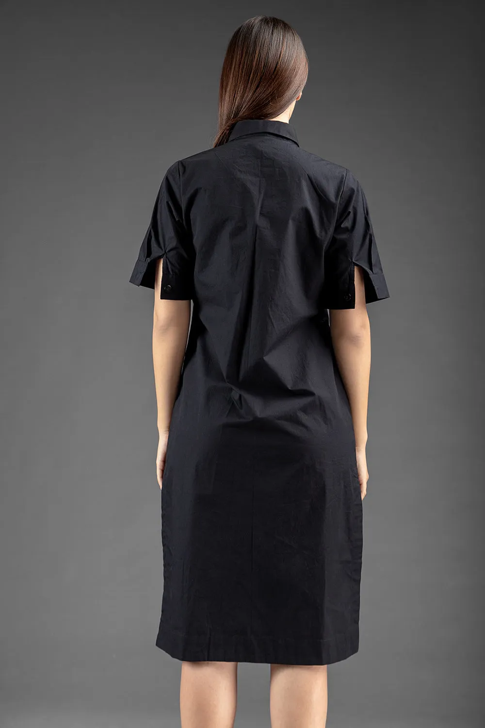Satin Details Shirt Dress - Black