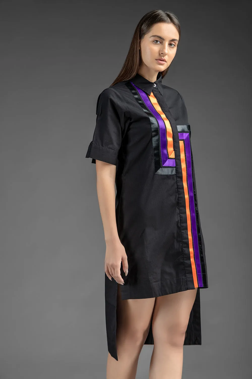 Satin Details Shirt Dress - Black