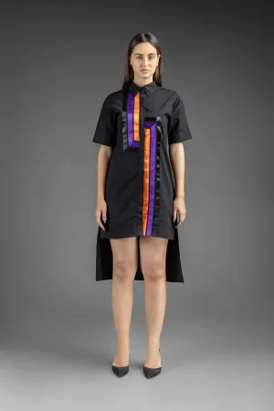 Satin Details Shirt Dress - Black